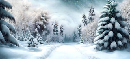 A breathtaking winter scene, a snow-covered path winds through a magical forest. Serenity and peace.の写真素材