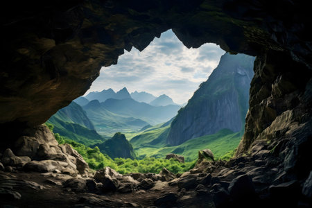 Stunning mountain valley seen from a cave's openingの写真素材