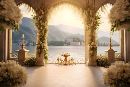 Dreamy wedding setup by a lake with mountain backdrop.の写真素材