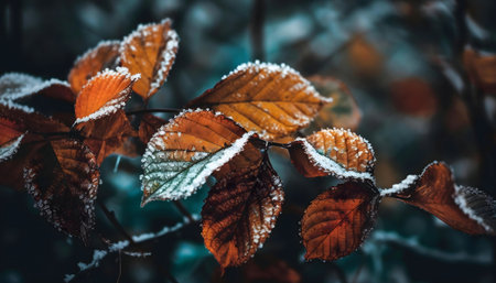 Close-up of frosty autumn leaves. A beautiful scene of winter nature.の写真素材