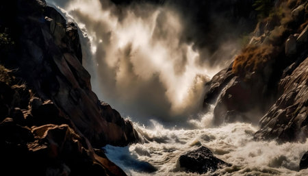 A breathtaking waterfall crashes down, creating a spectacle of nature's power and beauty.の写真素材
