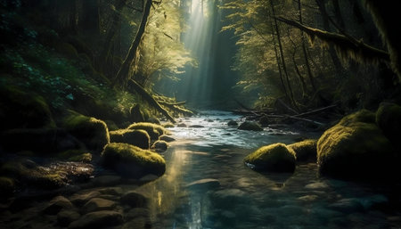 Mystical forest river scene with sunbeams