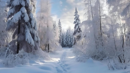 A breathtaking snowy path winds through a magical winter forest. Sunlight filters through snow-laden trees, creating a serene and peaceful atmosphere.の写真素材