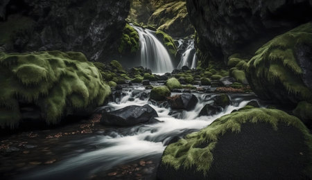 A mesmerizing waterfall flows through a lush, mossy landscape. Tranquil and serene atmosphereの写真素材