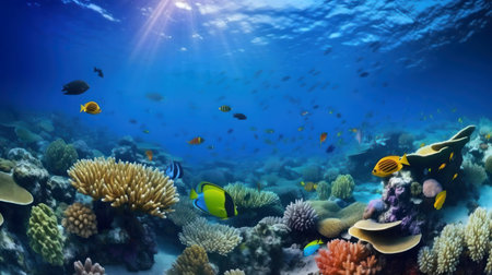 Stunning underwater scene, showcasing a vibrant coral reef teeming with colorful fish.