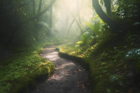 A winding path through a mystical forest, bathed in soft sunlight and mist. Lush greenery and moss-covered stones create an atmosphere of serenity and magic.の写真素材