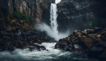 A breathtaking waterfall plunges down rugged cliffs, its powerful water creating a misty scene.の写真素材