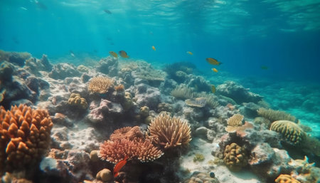 Stunning underwater view of a thriving coral reef teeming with life.の写真素材