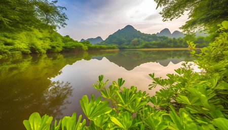 Tranquil lake reflecting mountains, lush greenery. Peaceful scene.の写真素材