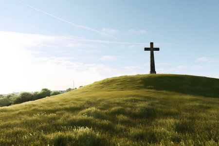 A solitary cross stands atop a grassy hill under a clear sky, evoking a sense of peace and spirituality.の写真素材