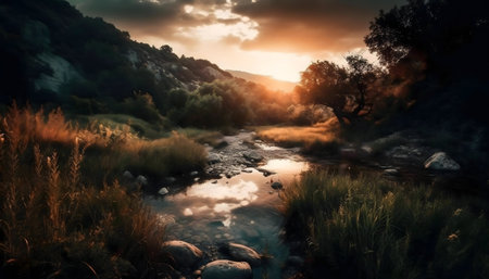 Peaceful river reflecting sunset, serene nature scene.の写真素材