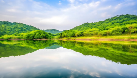 Peaceful lake reflecting lush green hills. Serene nature scene.の写真素材