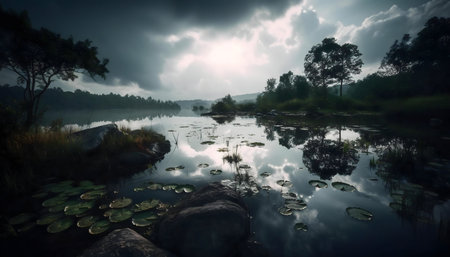 Misty morning lake with tree reflections. Peaceful and serene.の写真素材