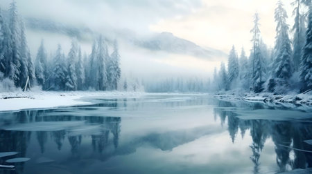 A breathtaking winter scene of a frozen lake reflecting snow-covered mountains and trees. Serenity and peace are captured in this frosty landscape.の写真素材