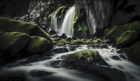 A breathtaking waterfall flows over mossy rocks, creating a scene of tranquil beauty.