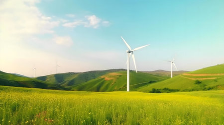 Wind turbines in a blooming field, green hills, serene landscape.の写真素材