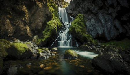 Icelandic waterfall nestled within a mossy gorge. Serene and tranquil nature photography.の写真素材