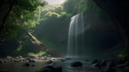 A breathtaking waterfall hidden in a lush tropical forest. Serenity and peace.
