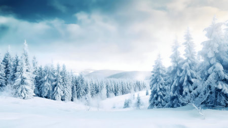 Serene winter scene of snow covered mountains and treesの写真素材