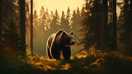 A majestic brown bear walks through a sunlit forest during golden hour.の写真素材