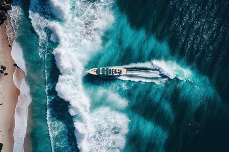 A luxury yacht speeding through vibrant turquoise waters near a sandy beach. Aerial viewの写真素材