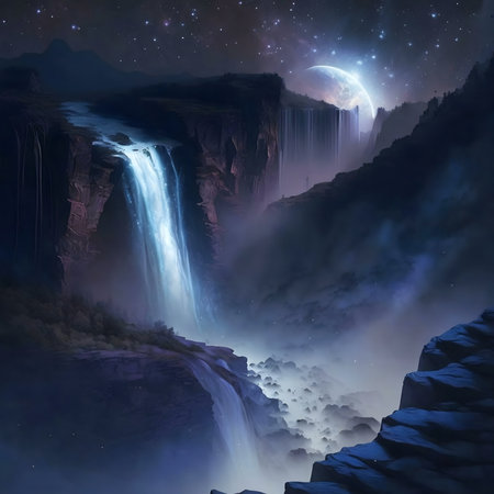 A mesmerizing digital painting of a breathtaking waterfall cascading under a giant moon and starry sky.の写真素材