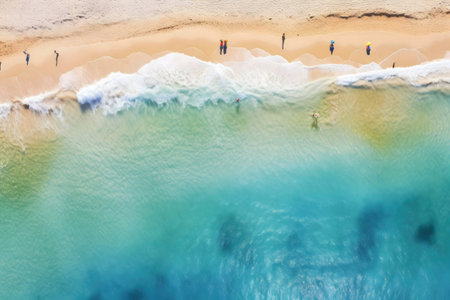 Stunning aerial shot of a pristine beach, turquoise waters and people enjoying a sunny day.の写真素材