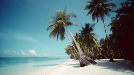 Stunning tropical beach with leaning palm trees, clear blue water, and white sand.の写真素材
