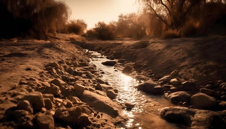 A tranquil desert stream at sunset, golden light reflecting on the water. Peaceful nature scene.の写真素材