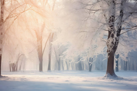 Frosty trees in a snowy forest at sunrise. Magical winter wonderland scene.の写真素材