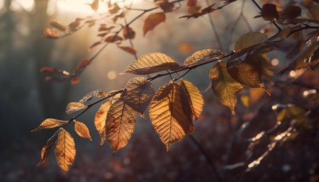 Golden autumn leaves backlit by the morning sun in a forest setting