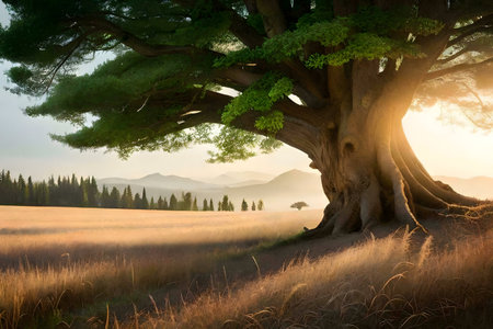 A giant tree in a golden field at sunrise, with mountains in the background. Peaceful and serene.の写真素材