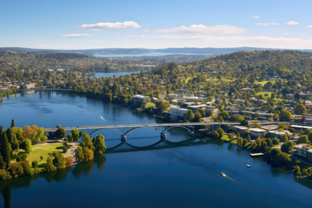 Stunning aerial shot of a lake and a bridge in a town, New Zealand.の写真素材