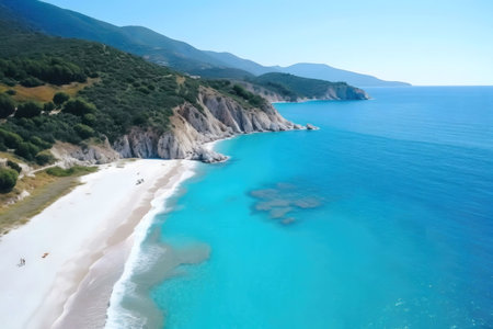 Stunning aerial view of a pristine beach with crystal clear turquoise water and verdant mountains