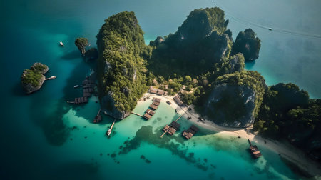 Stunning aerial shot of a tropical island with crystal clear waters.