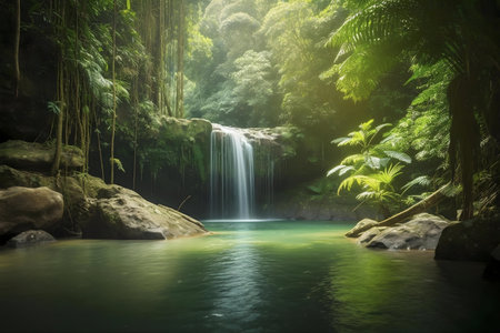 A breathtaking waterfall cascades into a tranquil pool, surrounded by vibrant green tropical...