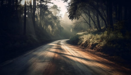 A sunlit path winds through a mystical forest. Shadows and sunlight create a dramatic scene.