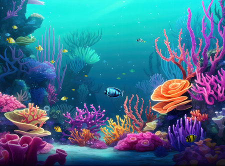 A vibrant digital painting of a coral reef teeming with life. Colorful corals and fish create a stunning underwater scene.の写真素材
