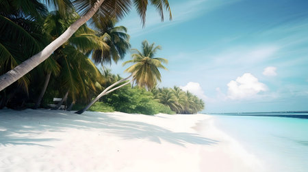 Stunning beach, turquoise water, palm trees, white sand, sunny day.の写真素材