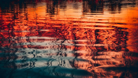 Stunning sunset reflected in tranquil water. Fiery colors create a mesmerizing scene.の写真素材