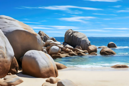 Stunning coastal scene with large rocks, tranquil blue water and a sandy beachの写真素材