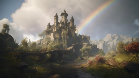 A majestic castle nestled in a fantasy landscape, with a vibrant rainbow arcing overhead.の写真素材