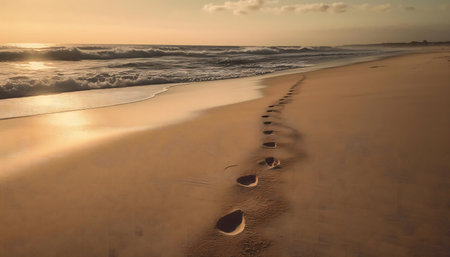 Footprints in the sand at sunset, tranquil beach sceneの写真素材