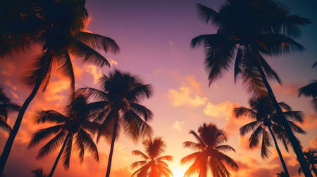 Stunning sunset silhouettes of palm trees in a tropical paradise.