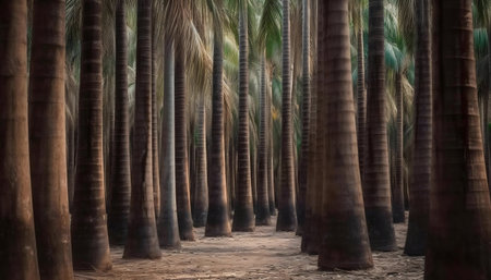 A tranquil palm grove, sunlight filtering through the leaves creates a calm atmosphere.の写真素材