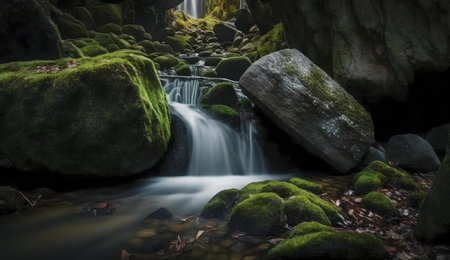A serene waterfall flows over moss-covered rocks in a lush forest. The image evokes a sense of peace...