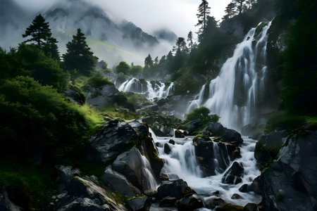 A breathtaking waterfall flows through a misty mountain landscape. The scene is serene and calm.の写真素材