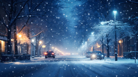 A picturesque snowy street at night, illuminated by streetlights. Cars drive through this winter wonderland.の写真素材