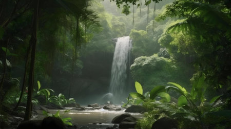 A breathtaking waterfall cascades through a vibrant tropical rainforest. Lush greenery surrounds a tranquil scene.の写真素材