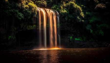 A breathtaking waterfall plunges into a still pool, surrounded by lush rainforest. The golden light creates a magical atmosphere.の写真素材